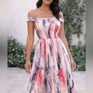 NWT Little Mistress Off Shoulder Watercolor Midi Dress Size 6 Fully Lined